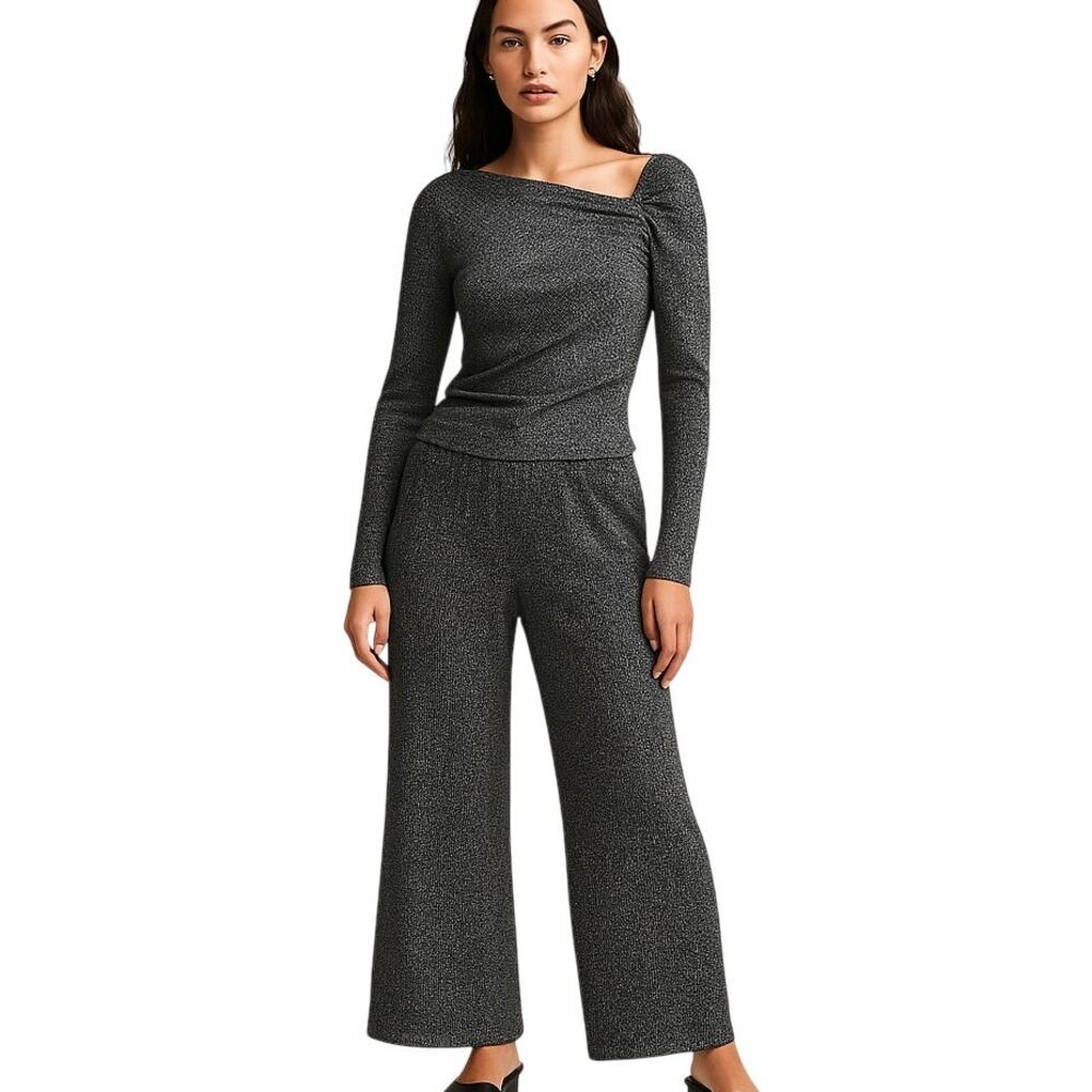 ZARA Two-Piece Black / white knit texture Long Sleeve + Wide-Leg Pants S NWT